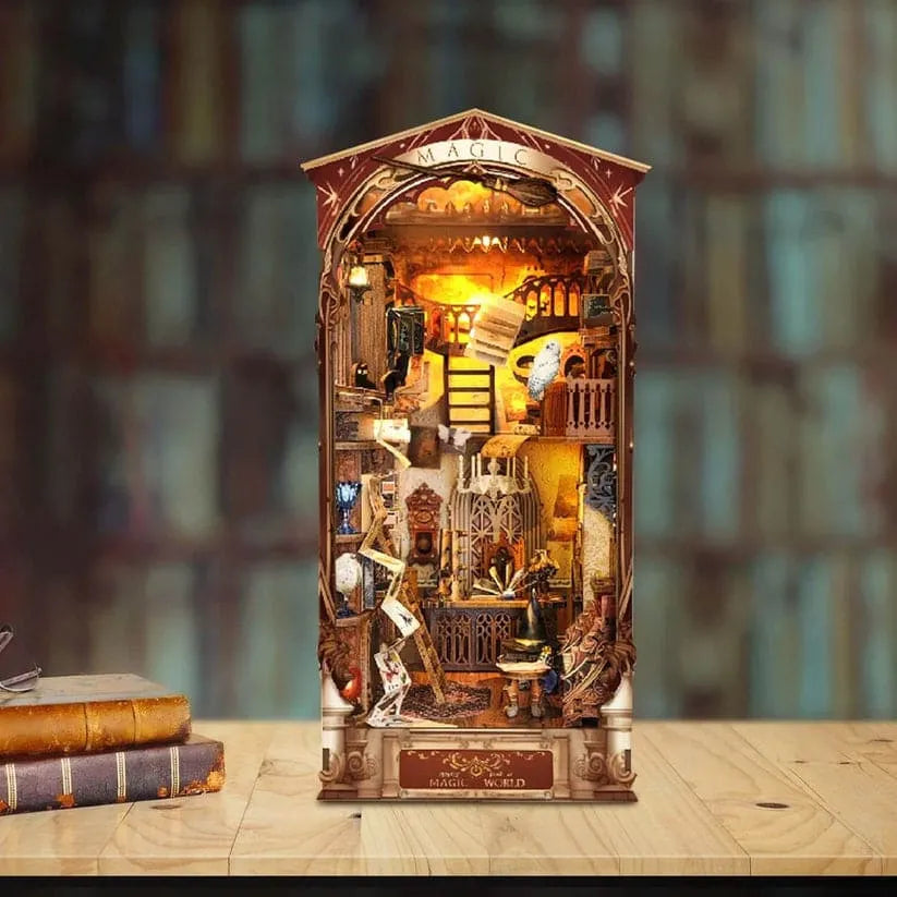 Magic World DIY Book Nook Kit with LED Lighting | Miniature Wizard Library Bookshelf