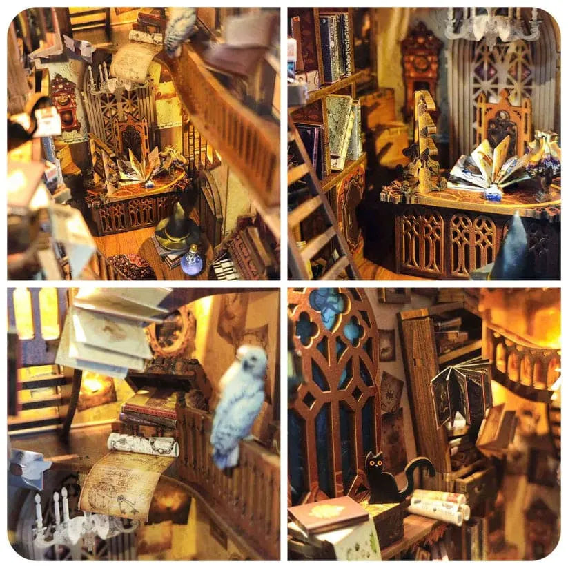 Magic World DIY Book Nook Kit with LED Lighting | Miniature Wizard Library Bookshelf