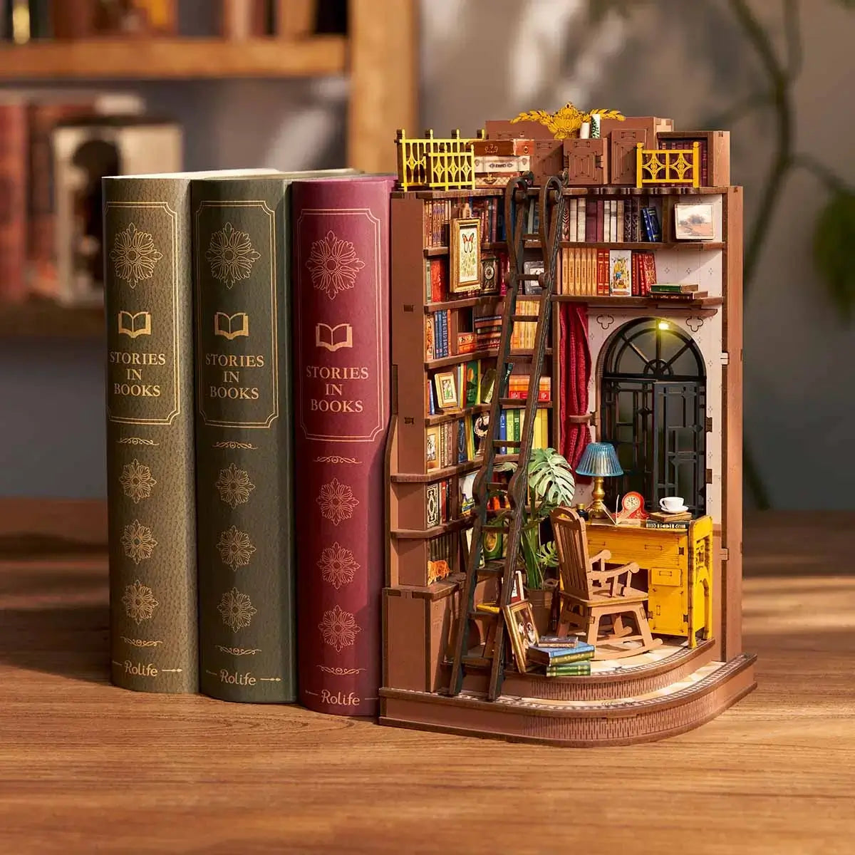 Reading Nook DIY Book Nook Kit with LED Lighting | Miniature Vintage Library Bookshelf Insert