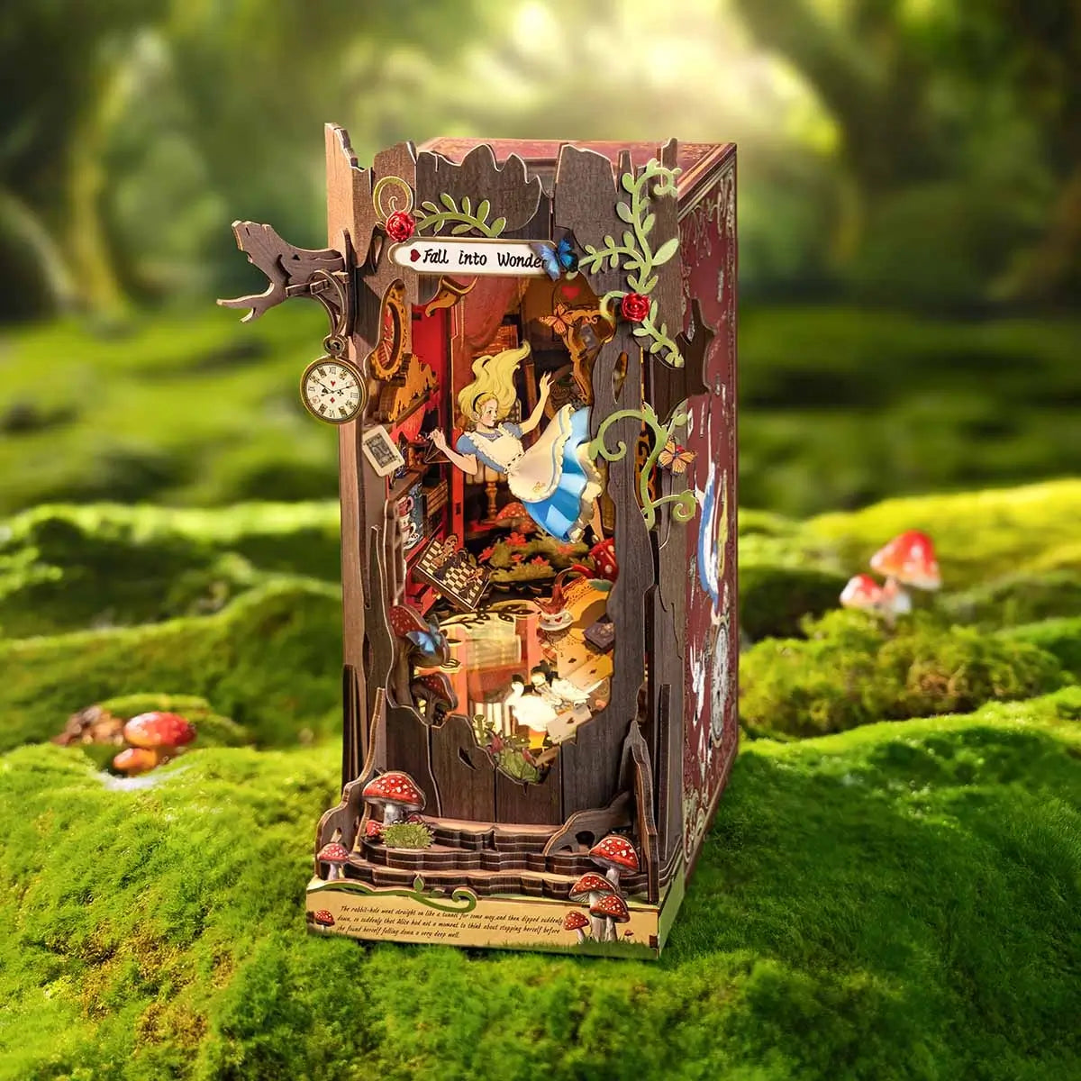 Alice In Wonderland DIY Book Nook Kit | Whimsical Fantasy Bookshelf Insert with LED Lighting