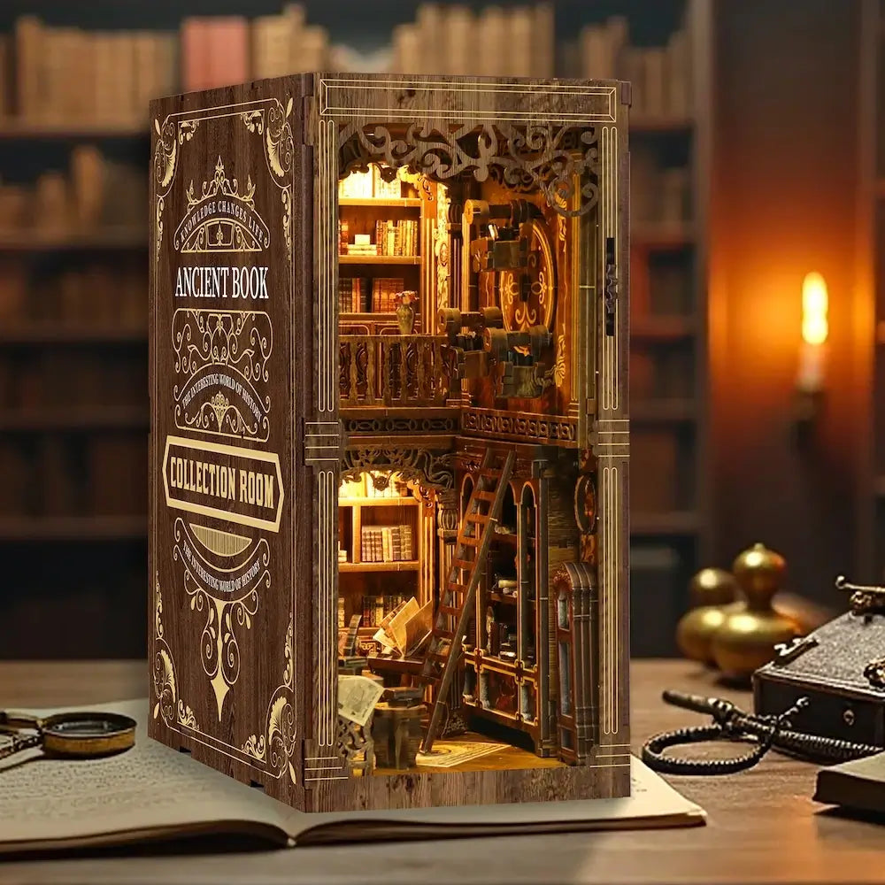 Ancient Library DIY Book Nook Kit with LED Lighting | Miniature Vintage Library Bookshelf Insert