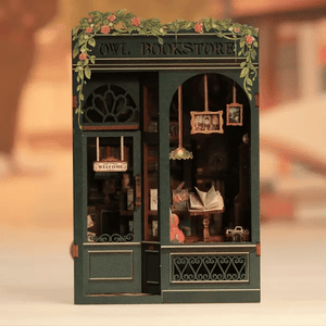 Animated GIF showing the assembled Owl Bookstore book nook with the soft LED light turning on and off.