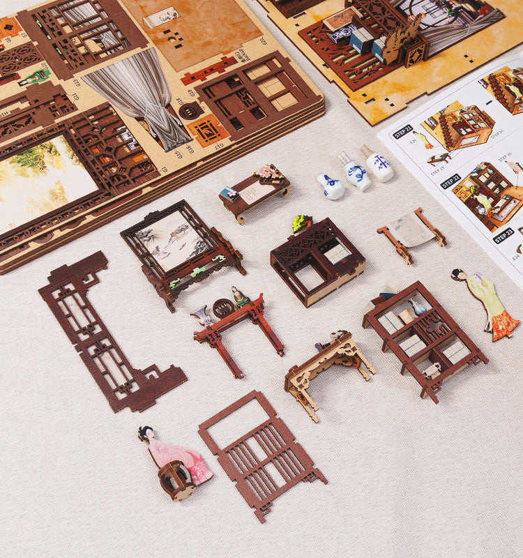Ink Rhyme Bookstore miniature classical study scene close-up with golden glow