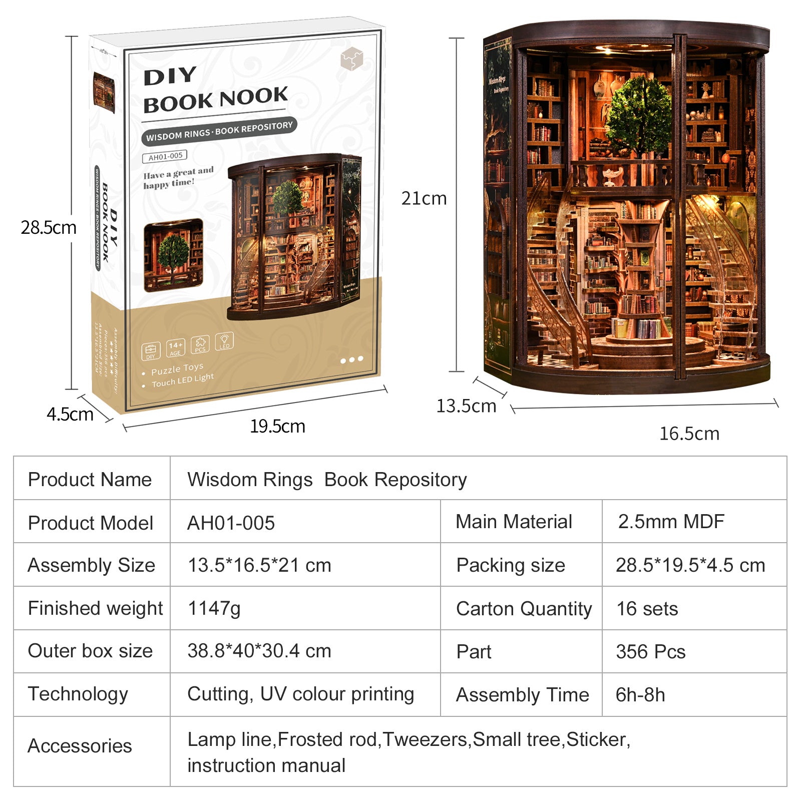 Wisdom Rings Book Repository full specs table – model AH01-005, 2.5mm MDF, 356 pcs, 6–8h assembly, touch LED, accessories list