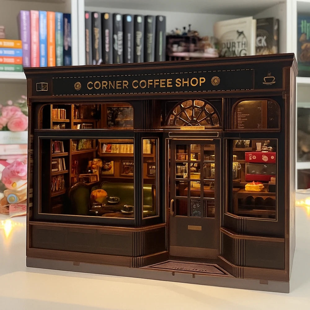 Corner Coffee Shop DIY Book Nook Kit with LED Lighting | Miniature Cozy Cafe Decor