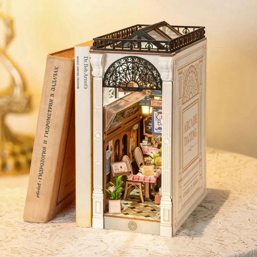 Dating Alley DIY Book Nook Kit | Romantic Miniature Café Street with LED Lighting & Dust Cover