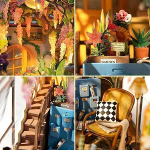 Close-up collage of the Garden House interior: pink wisteria, blue cabinet, rattan chair, and planted flowers.