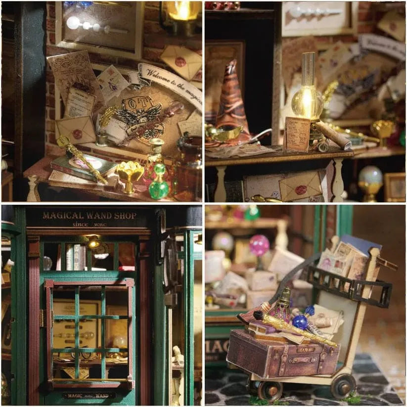 Close-up collage of the interior details, showing tiny spellbooks, wands, potion bottles, and letters inside the miniature kit.