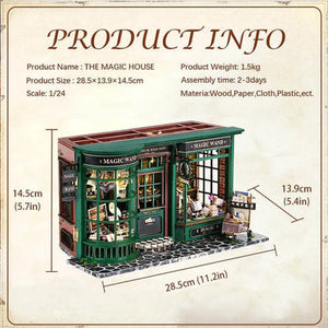 Product information graphic for the Magic House DIY Kit showing dimensions (28.5cm) and 1:24 scale details.