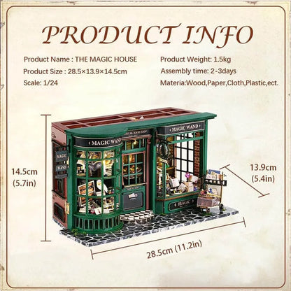 Product information graphic for the Magic House DIY Kit showing dimensions (28.5cm) and 1:24 scale details.