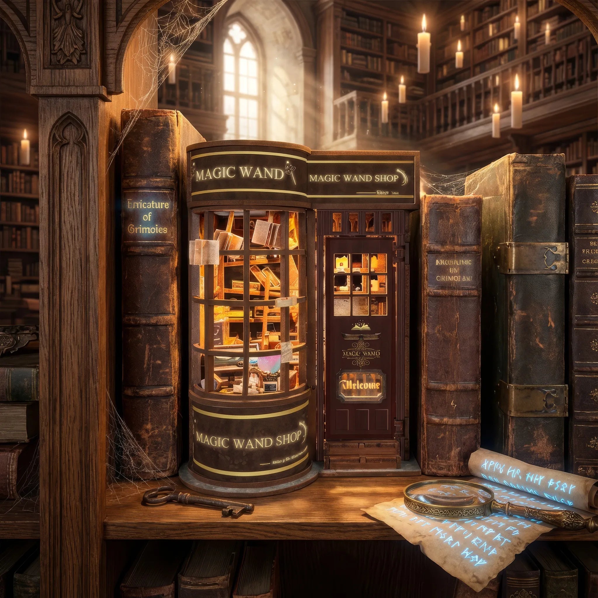 Magic Wand Shop DIY Book Nook kit displayed on a shelf between dark, antique books in a wizard library setting.