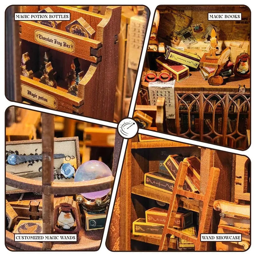 Close-up collage of the Magic Wand Shop interior: magic potion bottles, customized wands, books, and a crystal ball.