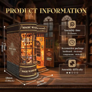 Product infographic showing the assembled size, 2-4 hour assembly time, and difficulty for the Magic Wand Shop.