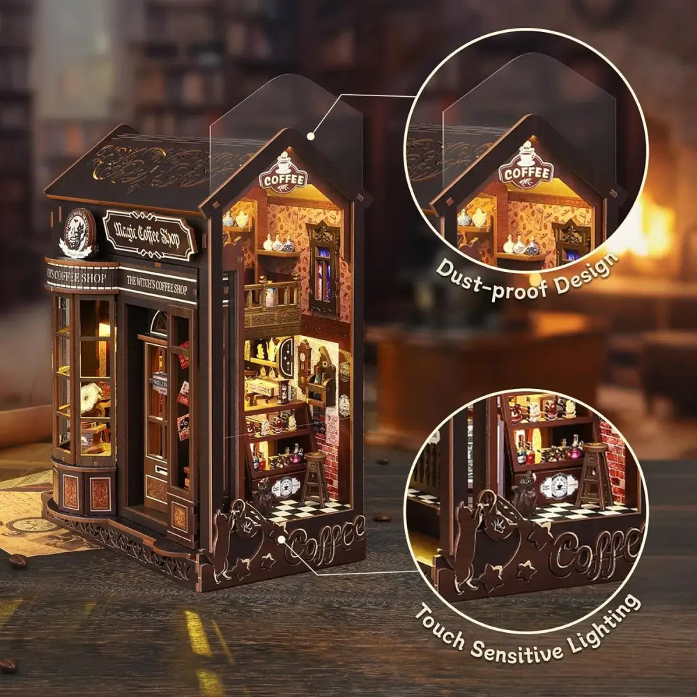 Witch's Coffee Shop DIY Book Nook Kit with LED Lighting | Miniature Magic Café Bookshelf Insert