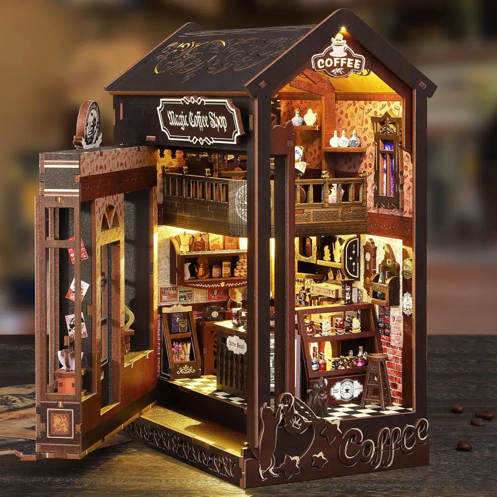 Witch's Coffee Shop DIY Book Nook Kit with LED Lighting | Miniature Magic Café Bookshelf Insert