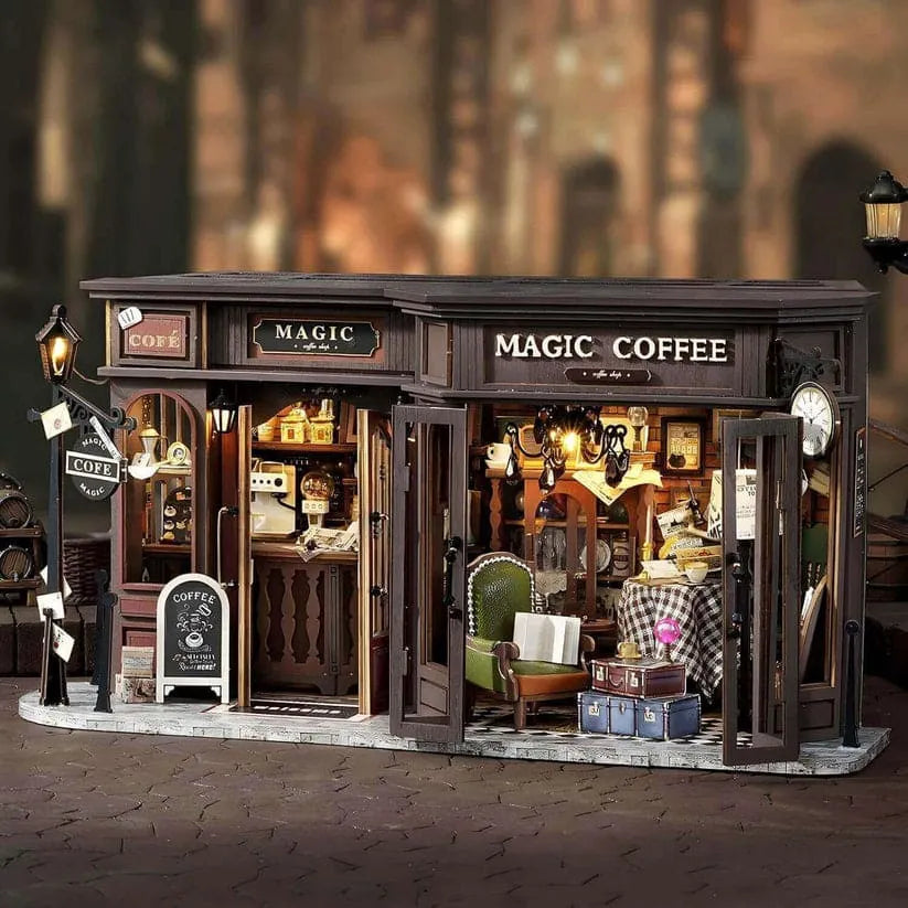 Magic Coffee Shop DIY Book Nook Kit with LED Lighting | Miniature Wizard Café Bookshelf Insert