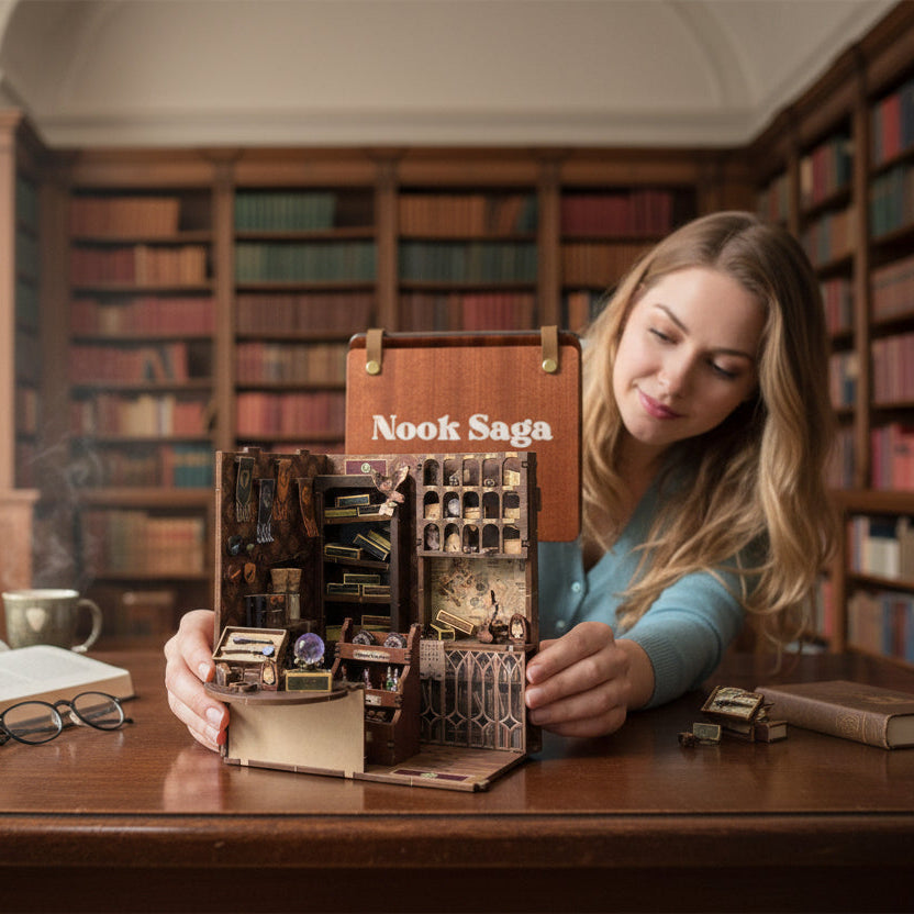 Woman assembling the Nook Saga miniature kit on a wooden library table, showing the detailed interior of the magical wand shop.